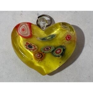 Millefiori Style Glass Heart Pendant Yellow Art Glass Charm